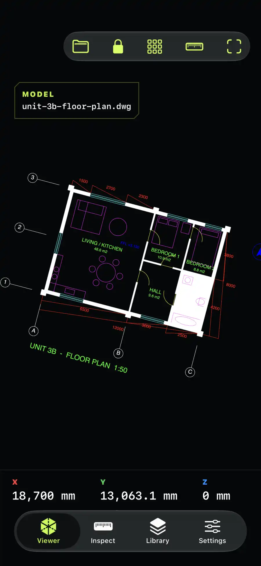 CadRoam on iPhone showing a sample DWG floor plan