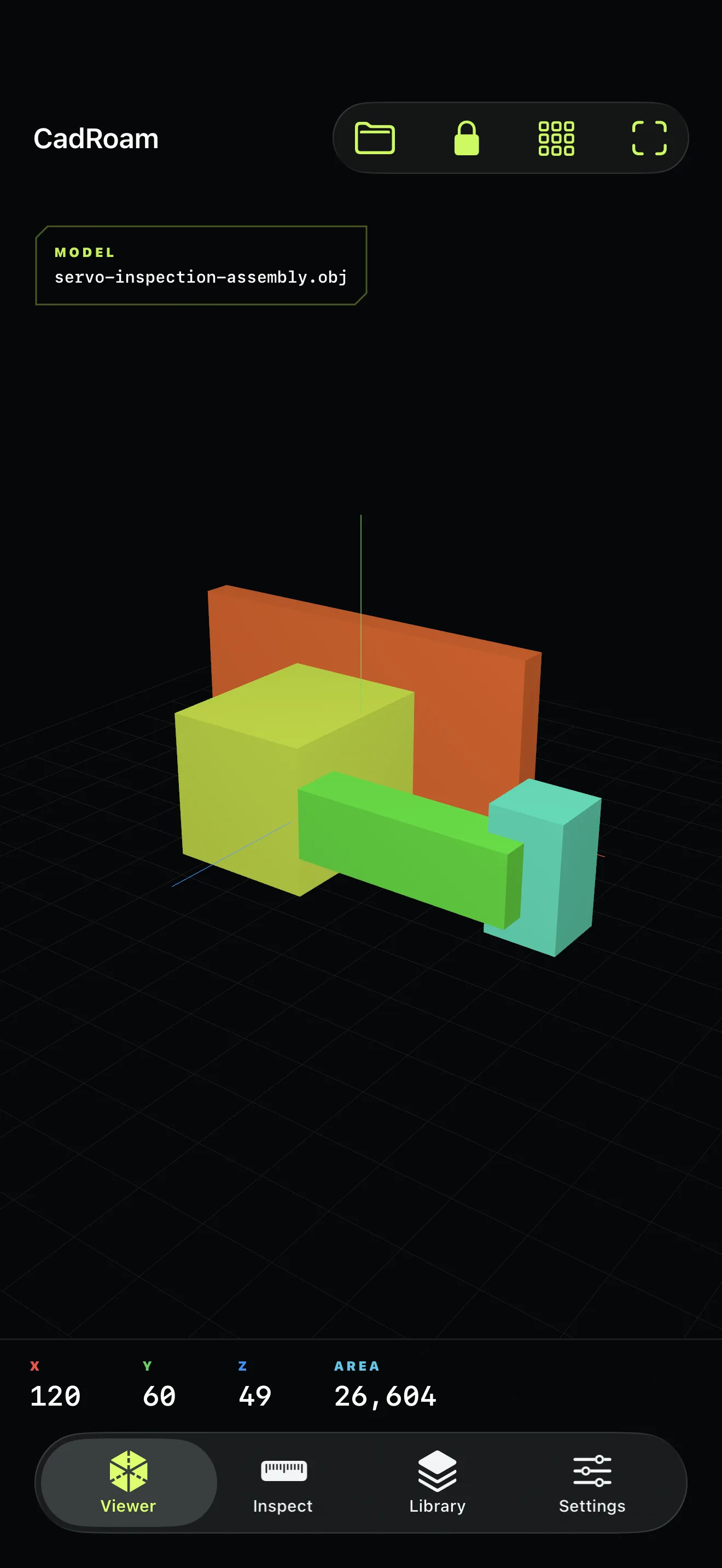CadRoam 3D CAD viewer showing a multi-part assembly